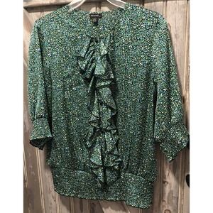 Piano Ruffle Button Green Print Blouse Top 3/4 Sleeve Cinch Waist Women Medium